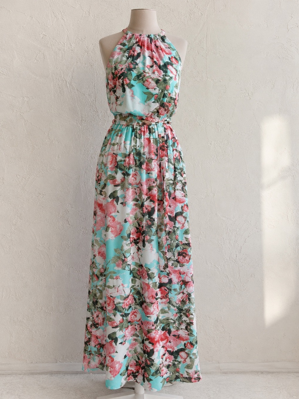 NWT Floral Halter Maxi Dress in Pink and Blue Watercolor Print Size 4
